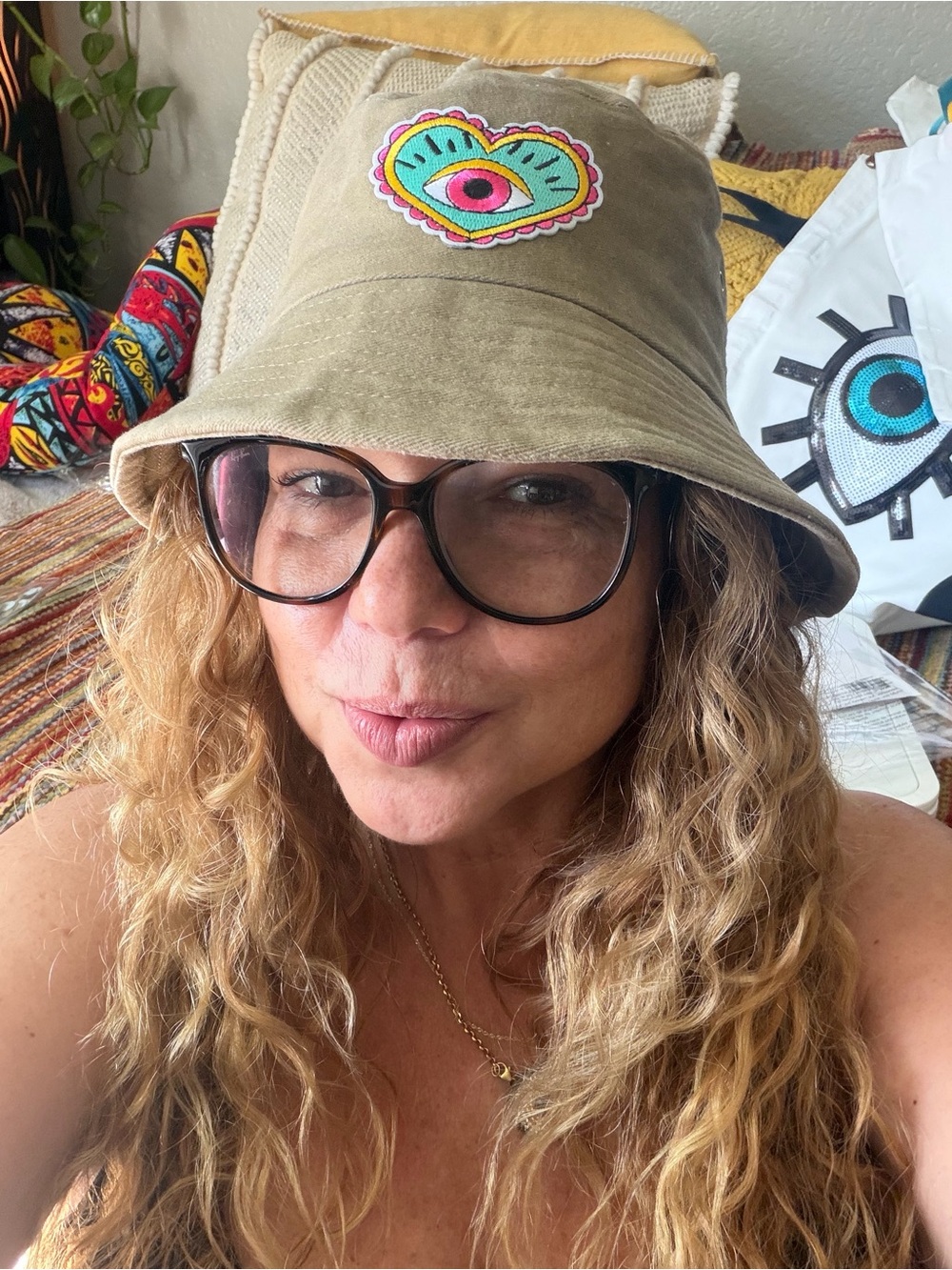 Neutral Beige Bucket Hat with Colorful Heart Eye Patch - Women Accessories